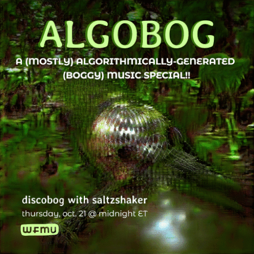 Image Description: A gif of a discoball melding into boglands. Credits: The ALGOBOG poster image is itself AI-generated using the CLIP and BigGAN neural networks using code from Ryan Murdock (@advadnoun) and using the prompt 'disco swamp algorithm.'
