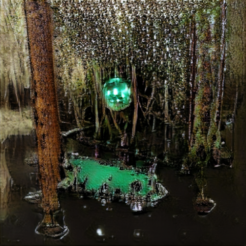 Image generated by BigGAN and CLIP from Ryan Murdock’s code using prompt “in a swamp with disco vampire”