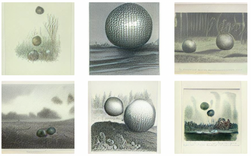 Prompt for <a href="https://huggingface.co/spaces/dalle-mini/dalle-mini">DALL•E mini</a>: "A lithograph of disco balls in a bog." Six outputs showing various AI-generated disco balls and bogs.