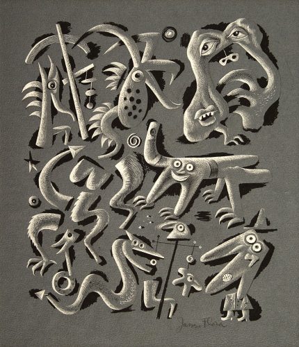 <i>Saturday Night at Indian Lake</i><br>by James Flora, ca. 1943, black & white ink on paper<br>collection of Eric Kohler
