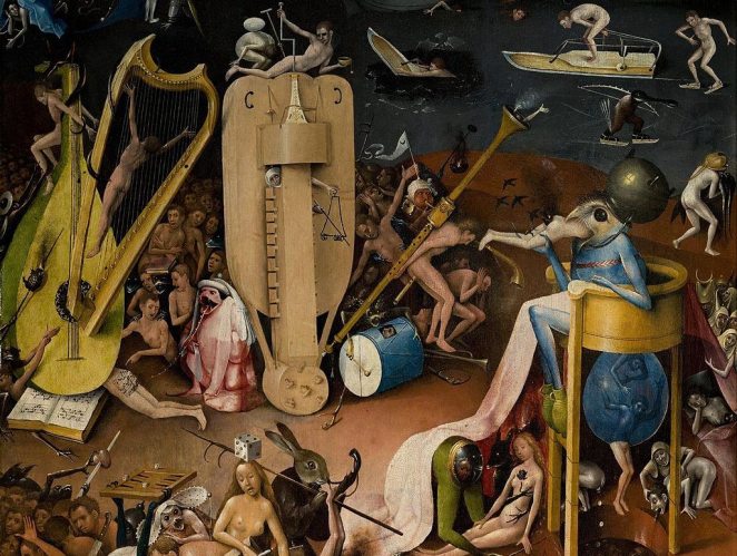 A panel from Hieronymus Bosch's The Garden of Earthly Delights (c. 1500) featuring the hurdy gurdy or humpenscrump.