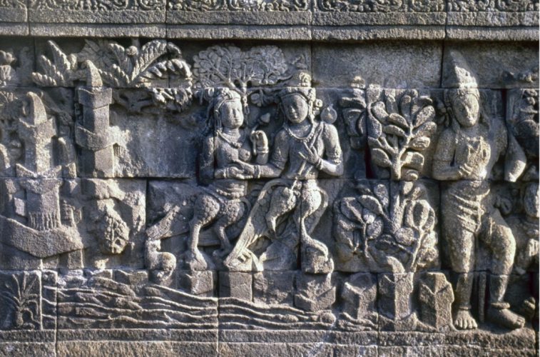 Stonework from Borobudur, a 9th-century Mahayana Buddhist temple in Central Java.