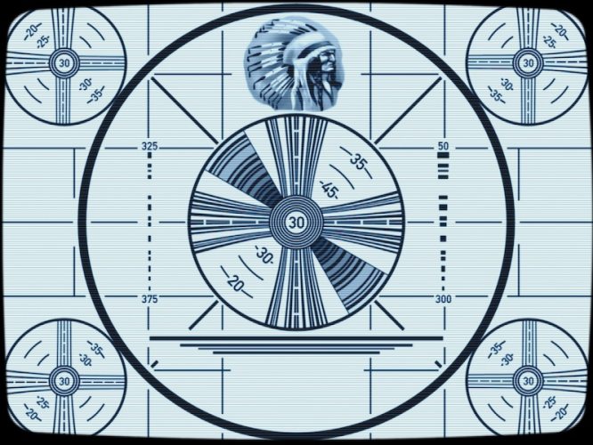 "Indian-head" test pattern created by RCA and used to calibrate TV resolution from 1939 to 2009.