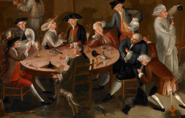 Sea Captains Carousing in Surinam - oil painting by John Greenwood, circa 1752-1758. A humorous scene in a tavern in Surinam, with merchants and sea captains from Rhode Island enjoying themselves. Described as first genre painting in American art history