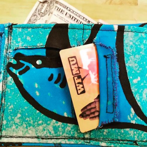 Listener Anne's homemade wallet is perfect for her WFMU membership card!