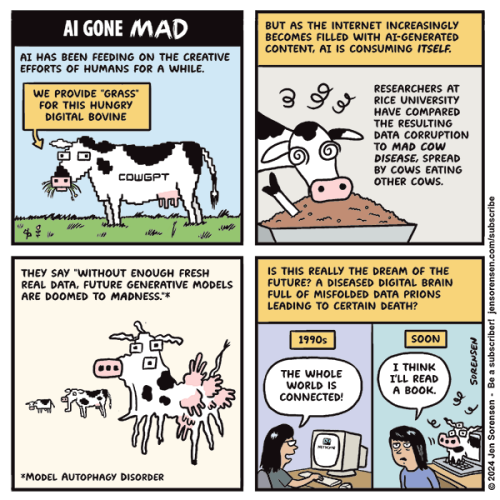 (By <a href="https://jensorensen.com/2024/09/11/ai-model-collapse-mad-cow-cartoon/">Jen Sorensen</a>)