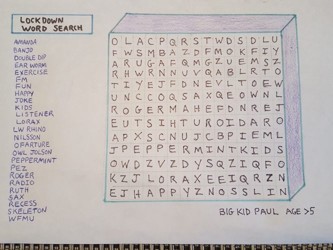 DDR Word Search by Big Kid Paul. <br>Email YOUR original art to <b>doubledip@wfmu.org</b> to have it featured!