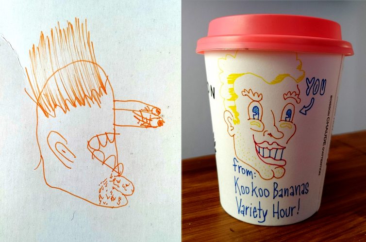 Drawings of Roger by listener Jake and his dad, Cap'n Kookoo (who does the Kookoo Bananas Variety Hour on CFRU, find it at cfru.ca