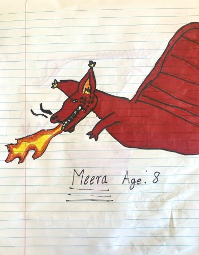 Dragon by Listener Meera, age 8 in human years. Send your art to doubledip@wfmu.org and I will send you a Double Dip Recess Magnet! 
