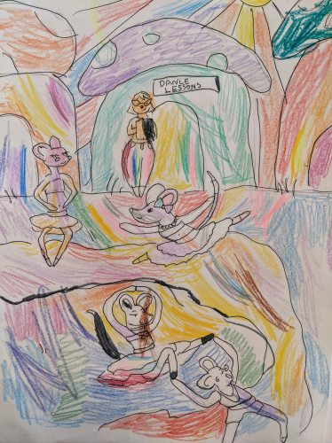 Mouse dance class drawn by Ramona (10) and colored by Sylvia (3).<br>Email your original art to <b>doubledip@wfmu.org</b> to have it featured!
