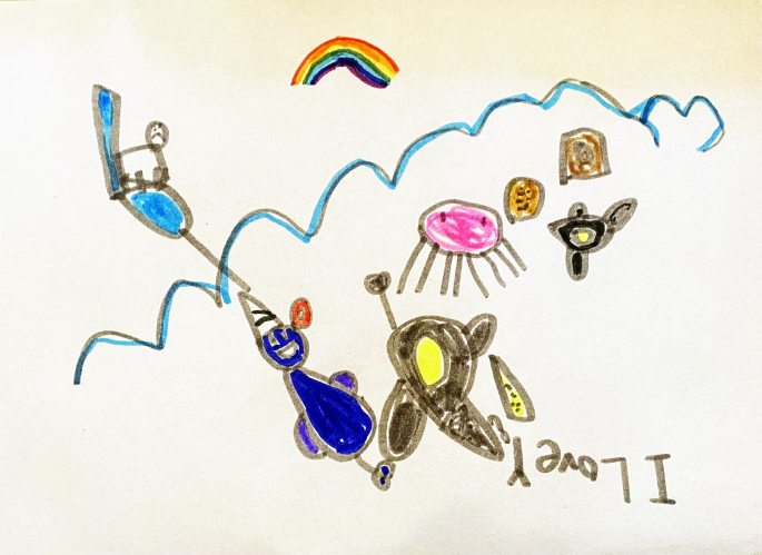Narwhal Eating a Bagel by listener Marco ( age 10 in narwhal years) "rainbow is right side up because the shark is saying I love you and he’s swimming so he can’t say it right side up."